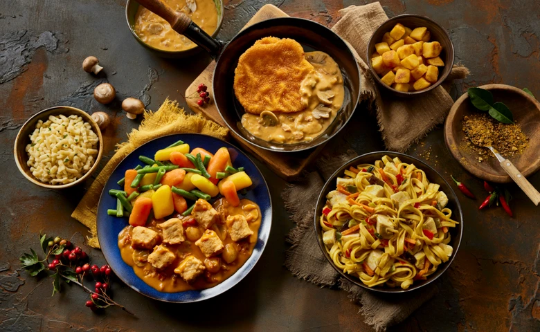 Vogelperspektive auf drei verschiedene Gerichte